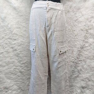 Joie Women's Cream White 100% Cotton Muslin Wide Leg Cargo Lagenlook Pants L